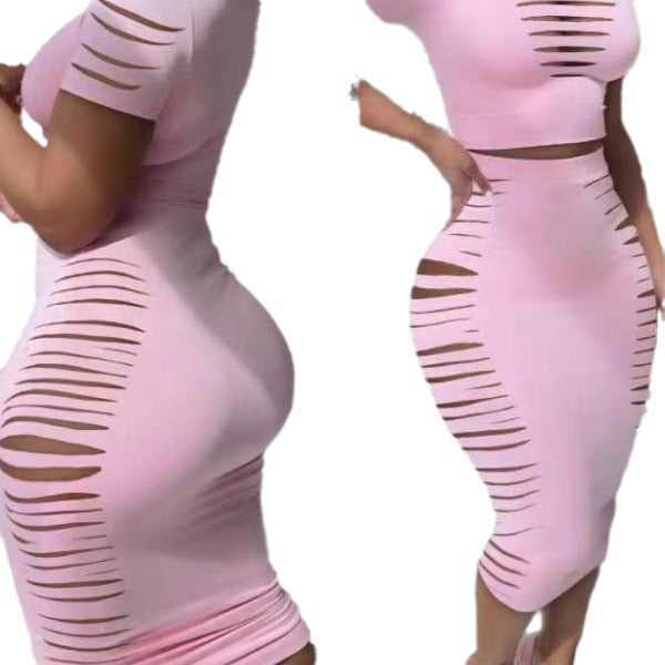 Dame figurtilpasset Midi-Kjole med raffinerede Cut-Outs og trendy stribedesign Stilla