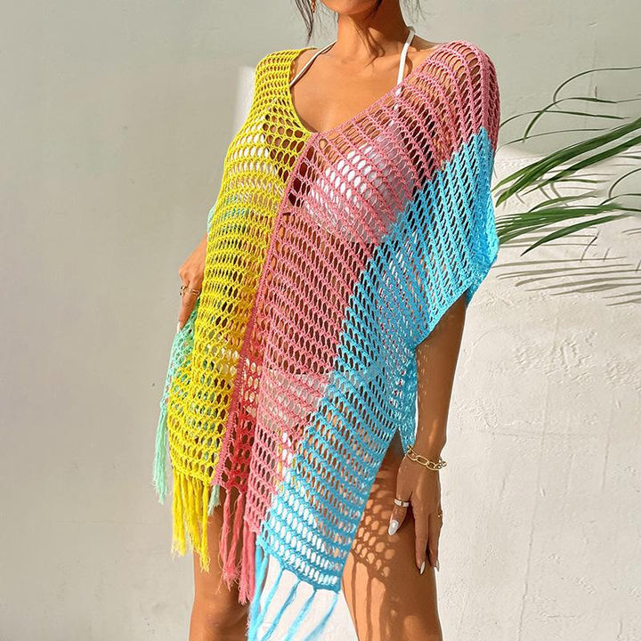 Dame luftig net-strandponcho med frynset accenter Stilla