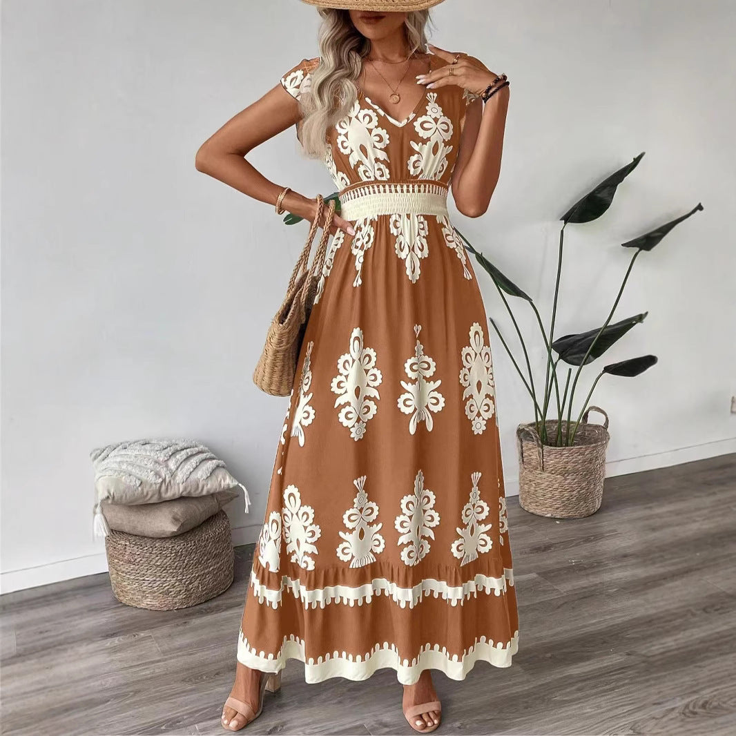 Kvinder Bohemian Blomster Maxi Kjole med Smock-talje Stilla