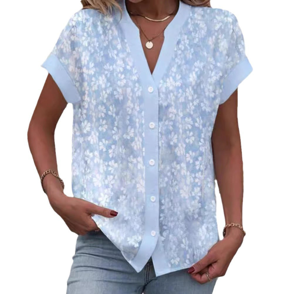 Dame bluse top med blomster mønster og korte ærmer Stilla