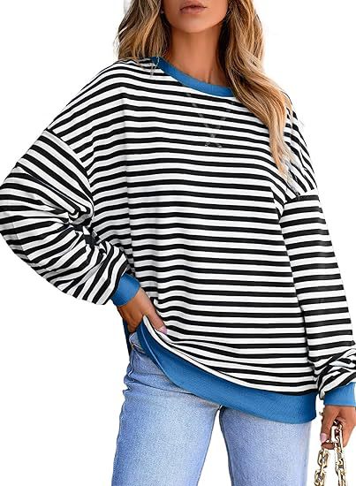 Dame stribet sweatshirt med farvematchende kant og afslappet snit Stilla
