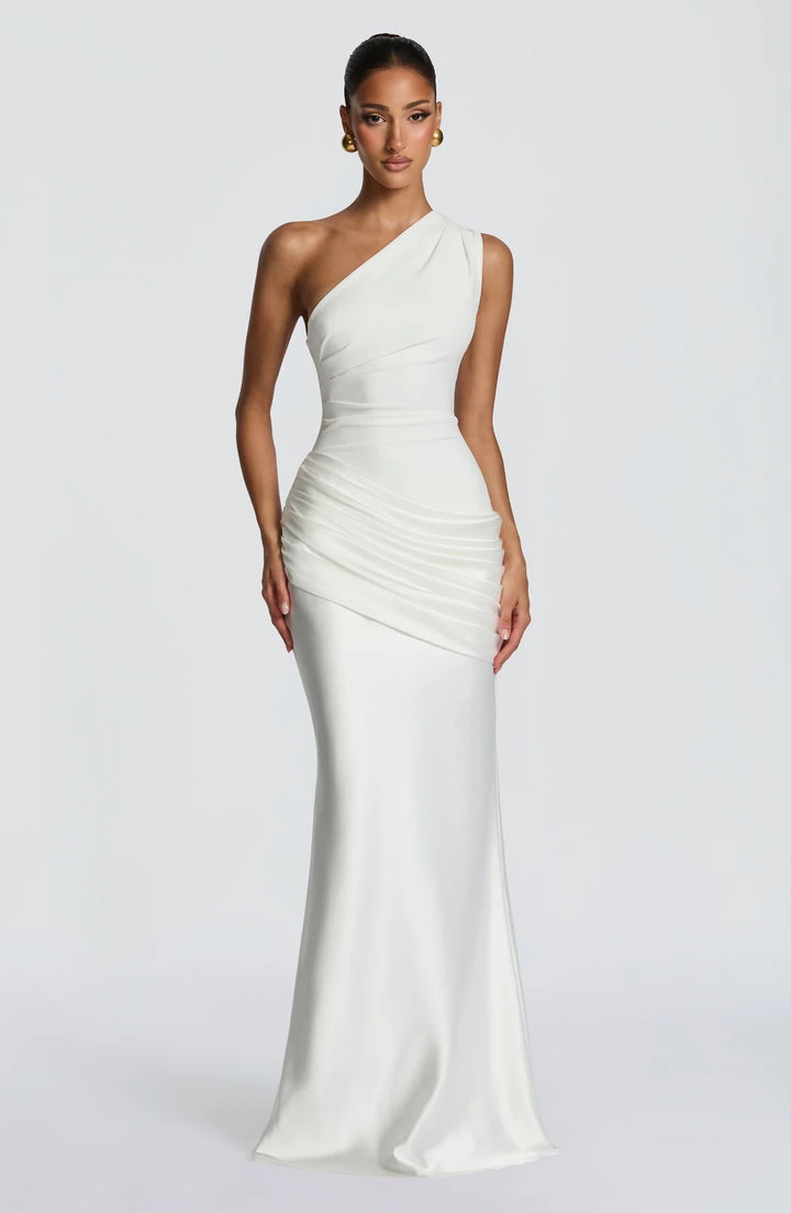 Dame elegant asymmetrisk satin aftenkjole med drapering design Skovae