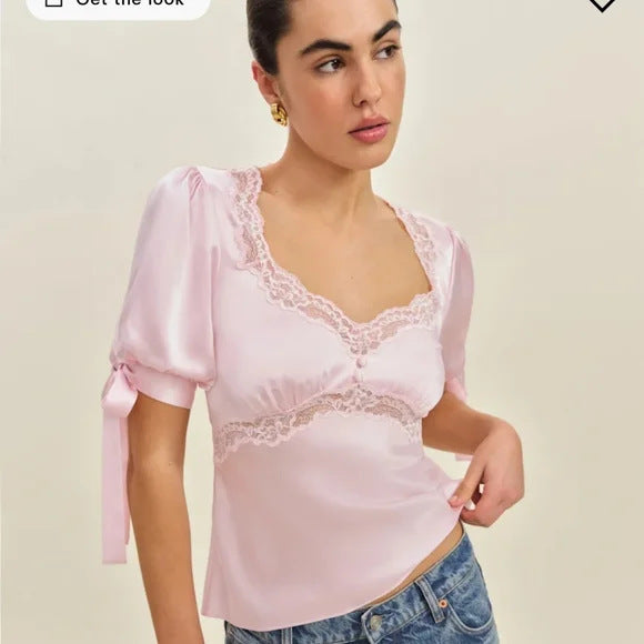 Dame satinbluse med spidsdetaljer Skovae