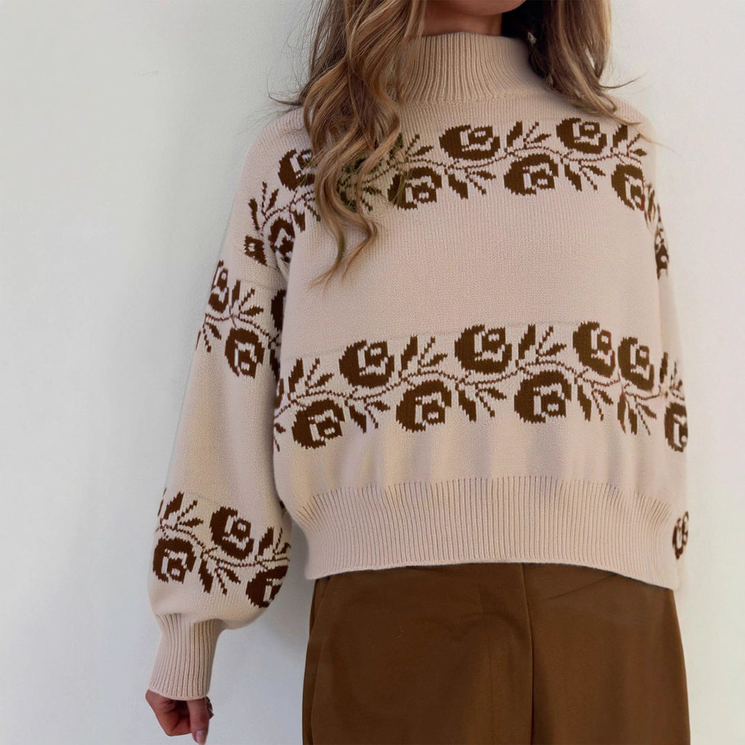Kvinders strikket sweater med blomsteret jacquardmønster og høj krave Stilla