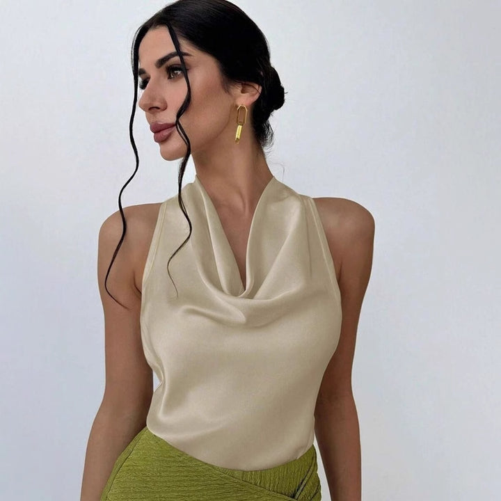 Dame Elegant satin top med smart vandfald udskæring Skovae