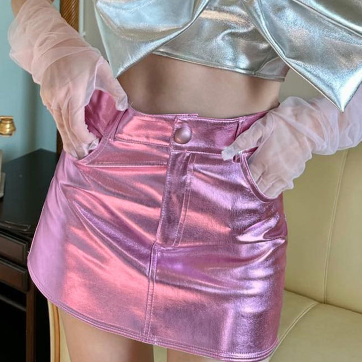 Dame mini nederdel i metallic-look med knaplukning og sidelommer Stilla