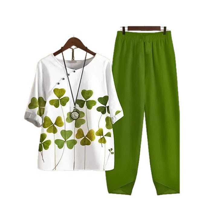 Dame nan to-delt casual ensemble med kløveprint-tunika og elastisk komfortbånd-buks Skovae