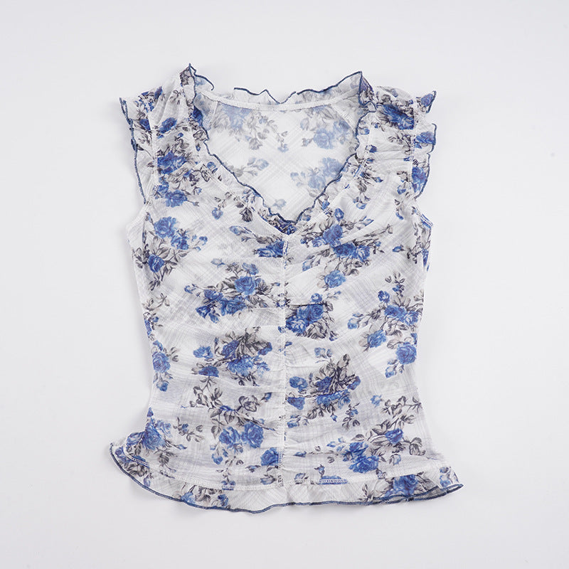 Damen Blusentop mit Rüschendetails und floralem Muster Skovae