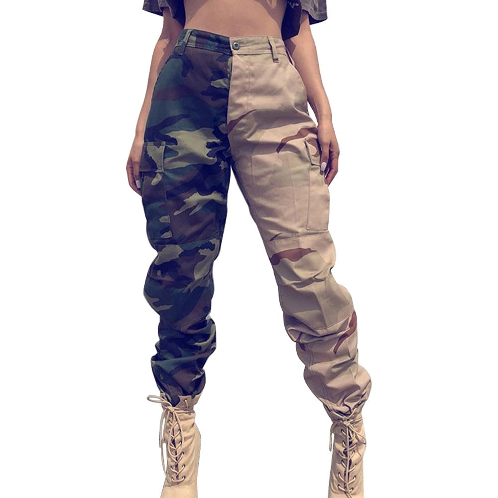 Dame Cargo-bukser med asymmetrisk camouflage-design og elastisk talje Stilla