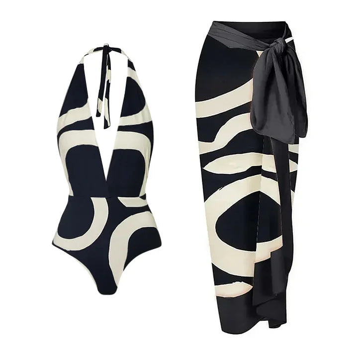 Dame bikiniset med asymmetrisk top og elegant omslagsskjørt Skovae