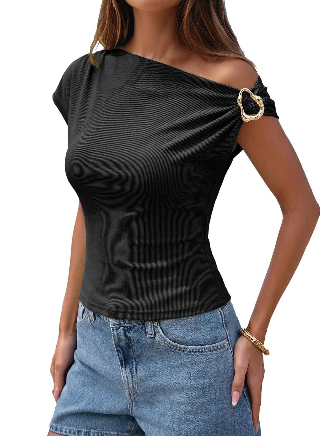 Dame asymmetrisk top med mode skulderdesign Skovae