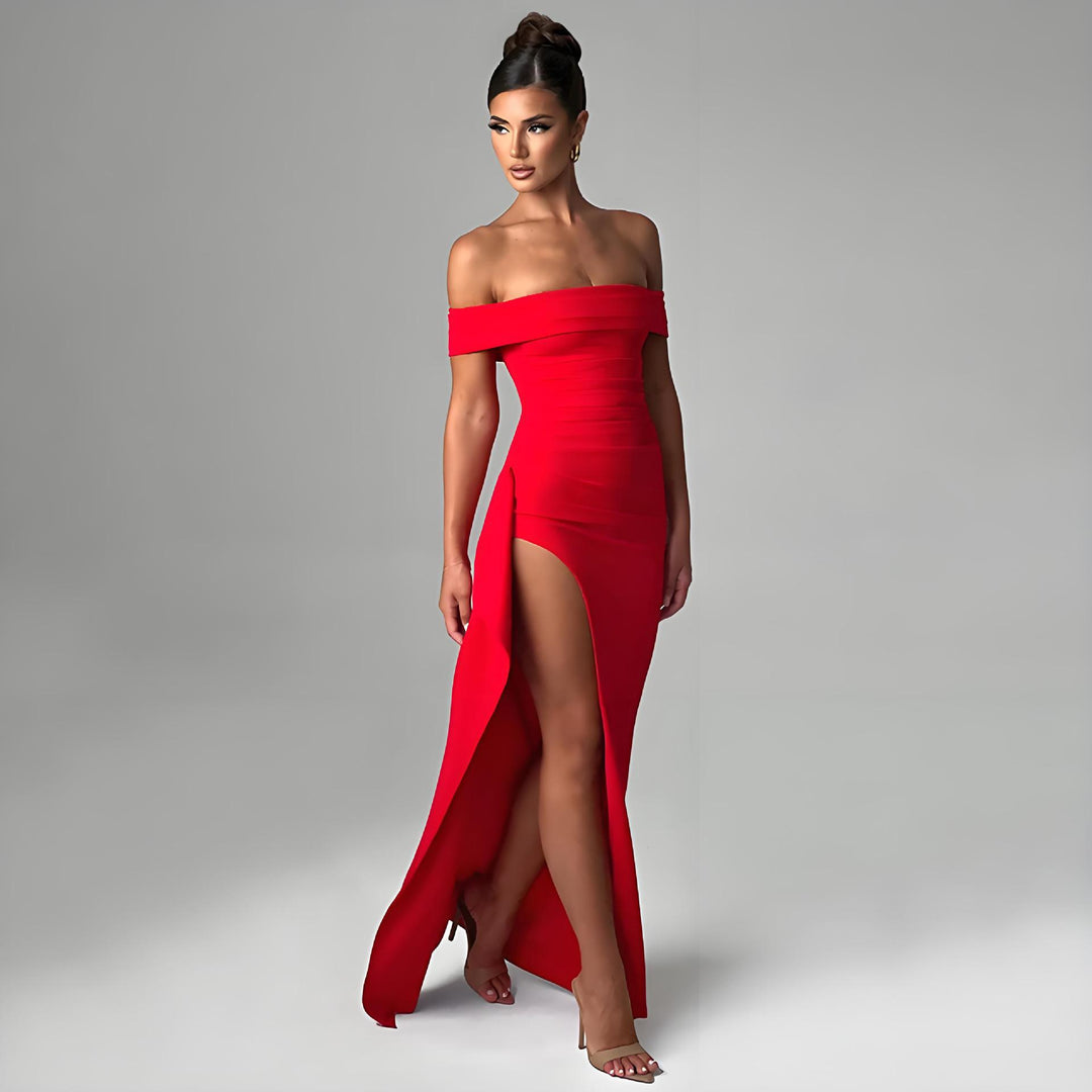 Dame Off-Shoulder Maxikjole med elegant slids og figursyet snit Skovae