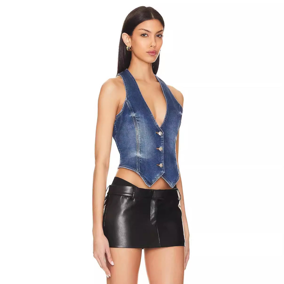 Femme Knap-Op Denim Vest Stilla