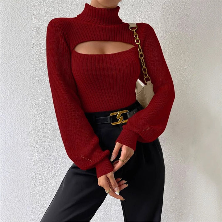 Dame strikbluse med cut-out design og høj krave Stilla