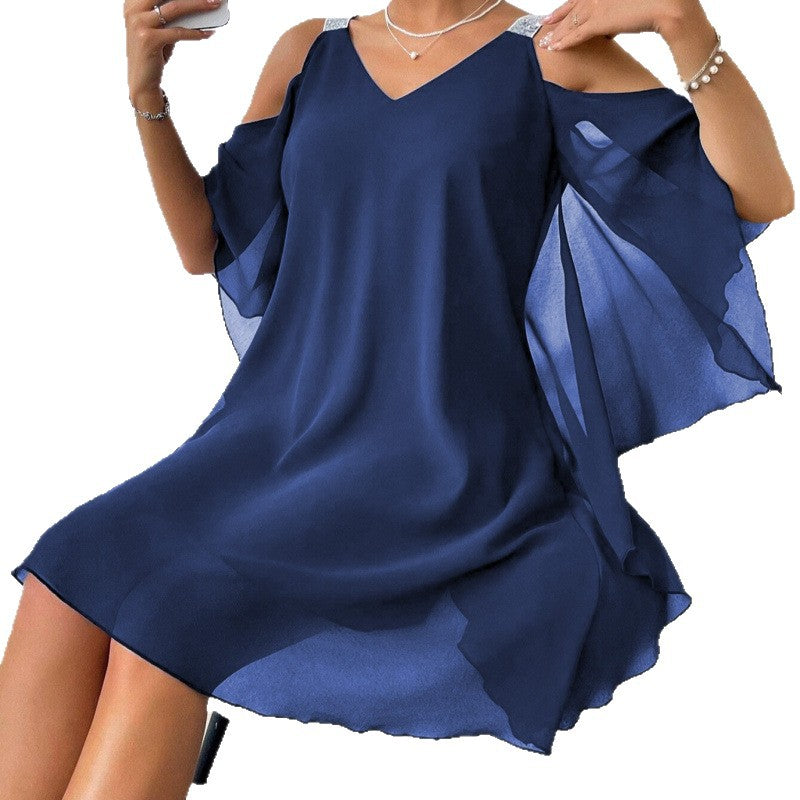 Kvinder Kold Skulder Chiffon Kjole med glitrende Detaljer Stilla