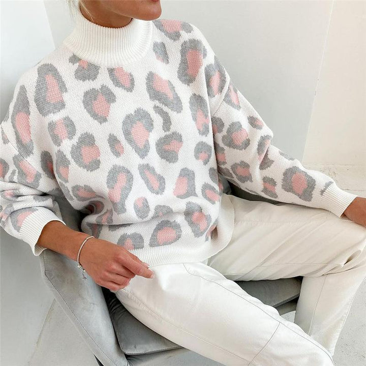Dame strikpullover med spændende leopardmønster Stilla