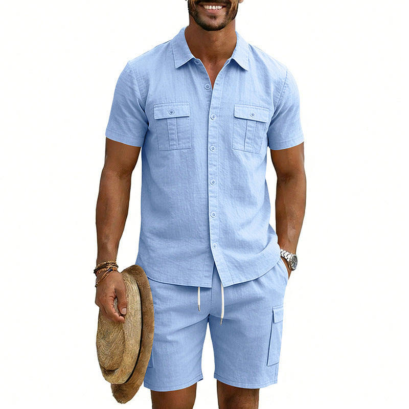 Herrer nan sommerligt fritids-sæt i bomulds-linnedmix med kortærmet skjorte og cargo-shorts Skovae