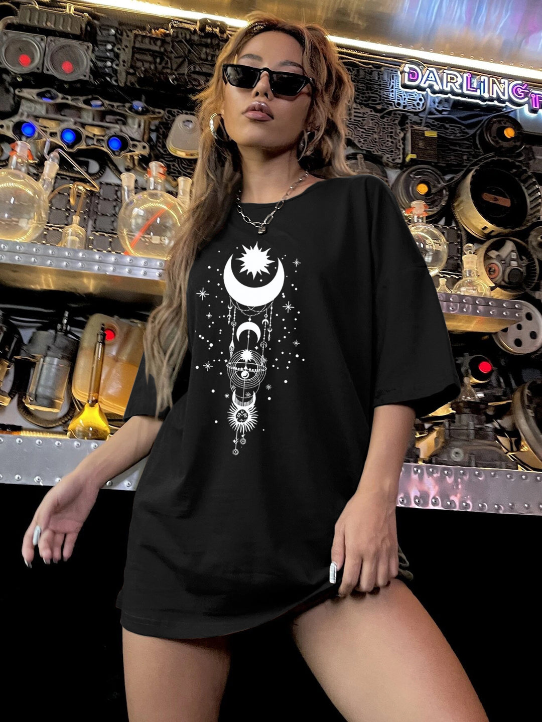 Dame T-shirt med kreativt måne- og stjernemotiv Stilla