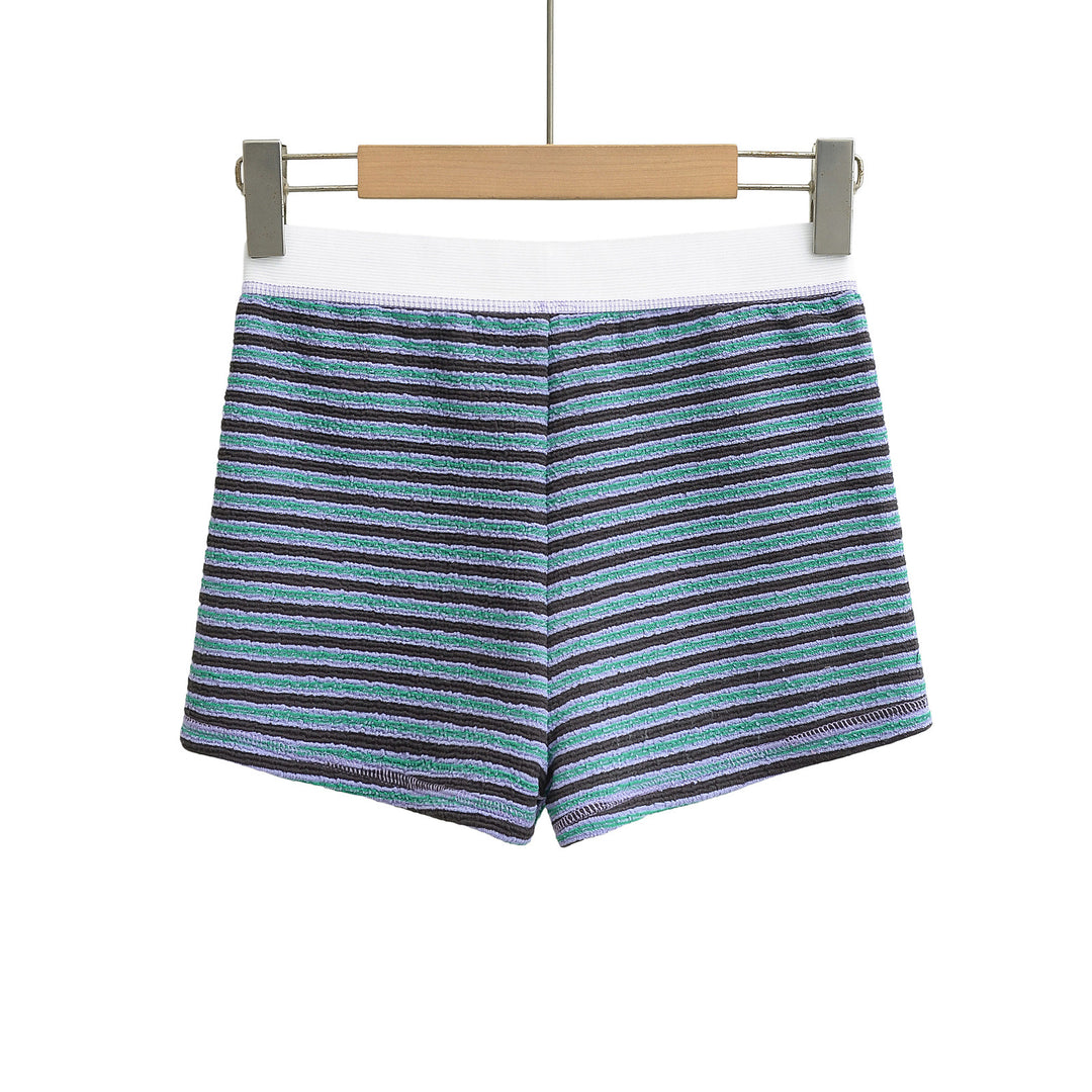 Dame sporty stribede shorts med elastisk linning og knapdetaljer Stilla