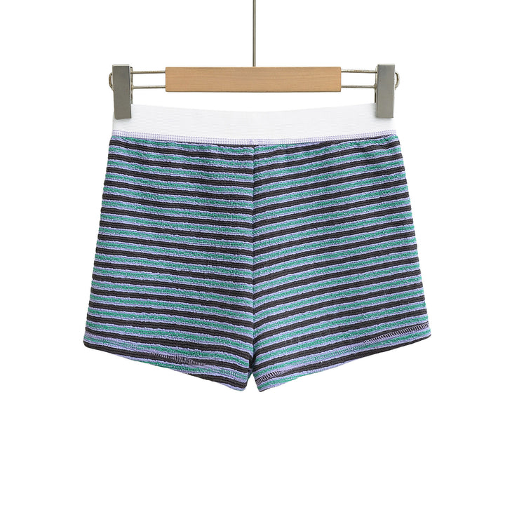 Dame sporty stribede shorts med elastisk linning og knapdetaljer Stilla