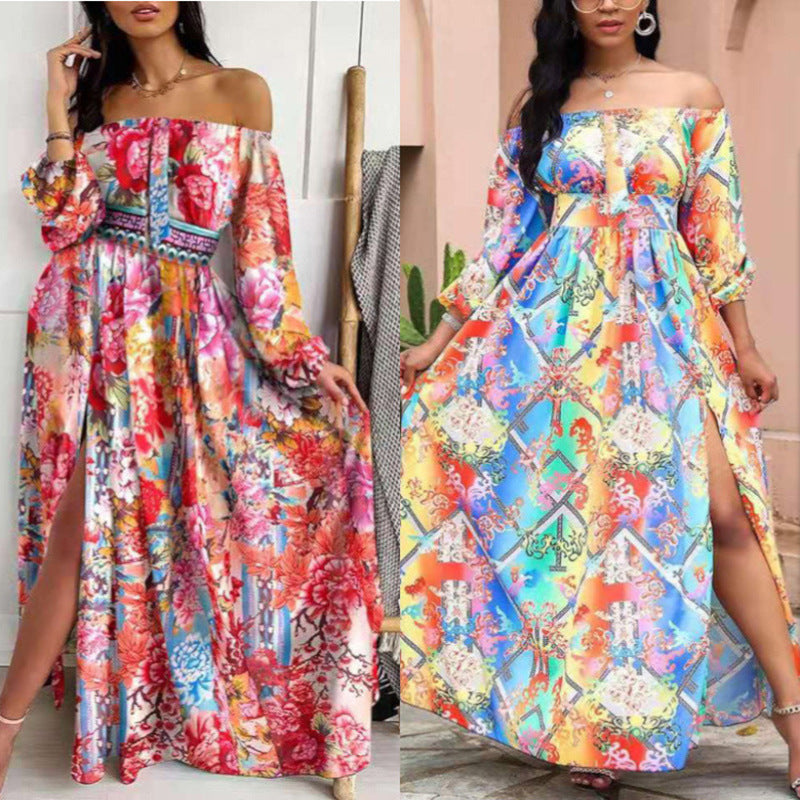 Dame Off-Shoulder Maxi Kjole med elegant print Stilla