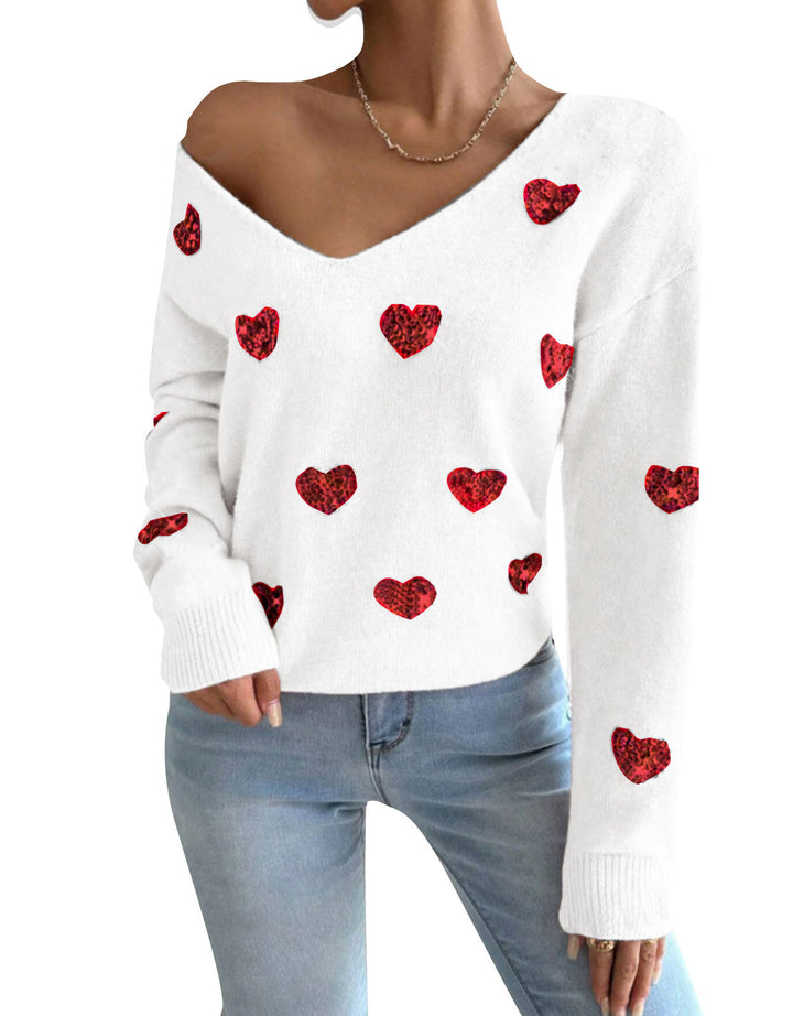 Kvindernes oversized sweatervest med dyb V-hals og hjerte motiv Stilla