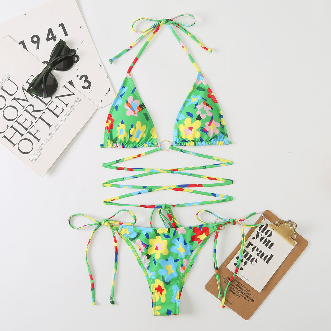 Dame triangel bikini sæt med justerbare stropper og blomsterdesign Skovae