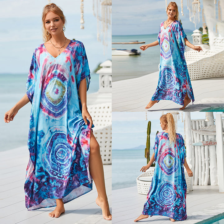 Dame Sommerligt Kaftan-Kjole med Dybt V-Udsnit og Kunstnerisk Design Stilla