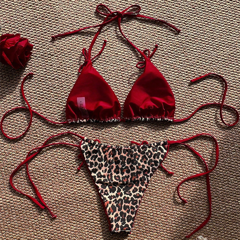 Dame triangel-bikini med leopardmønster og raffinerede snørredetaljer Skovae