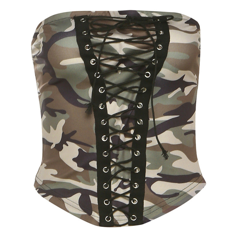 Dame Bustier-top med snøredetalje og camouflage-mønster Stilla