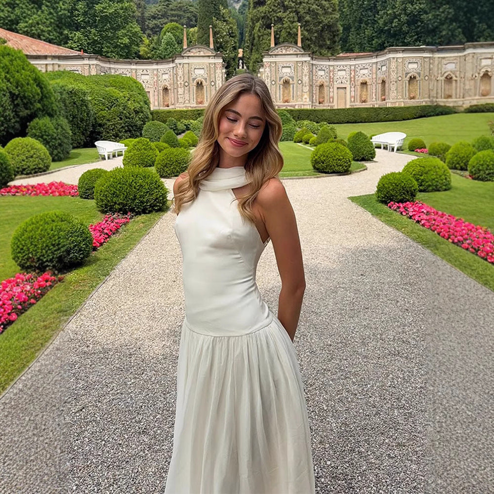 Dame Elegant Maxi-kjole med flot ståkrave og flydende skirt Stilla
