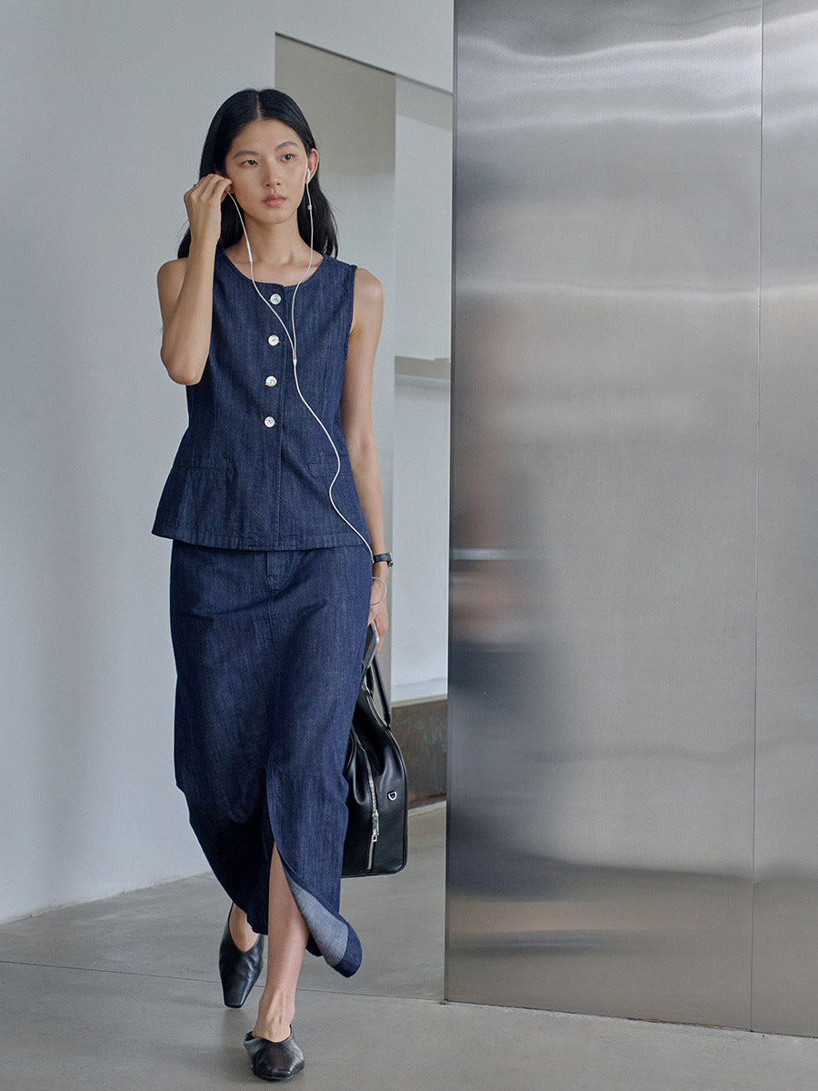 Dame ærmeløs blusevest i højkvalitets denim med praktiske lommer og elegante knapper Stilla