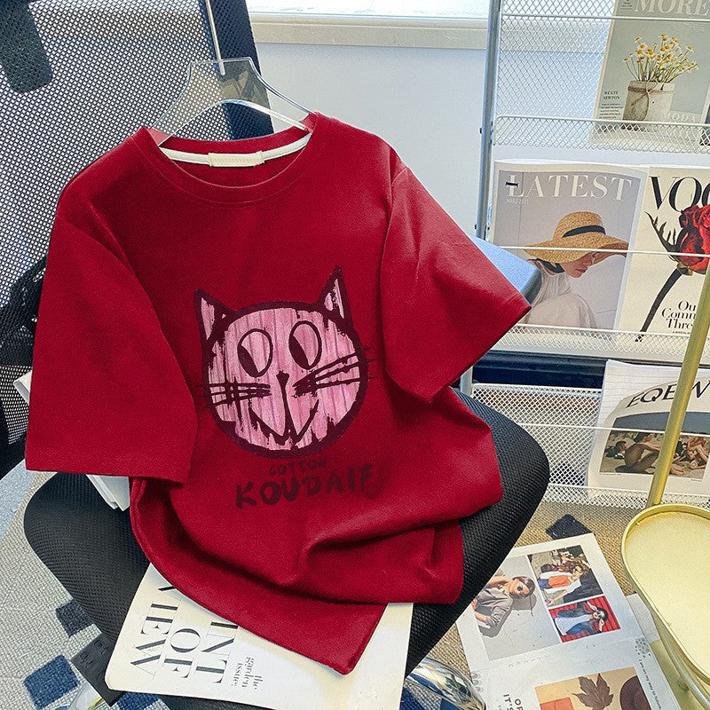 Dame T-shirt med kreativt kattemotiv og afslappet pasform Stilla