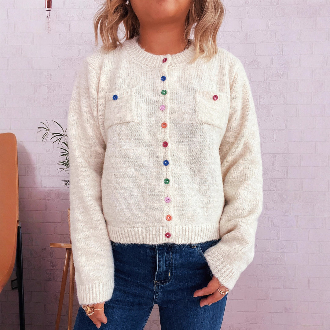 Kvinders hyggelige cardigan med farverige knapper og to lommer Stilla
