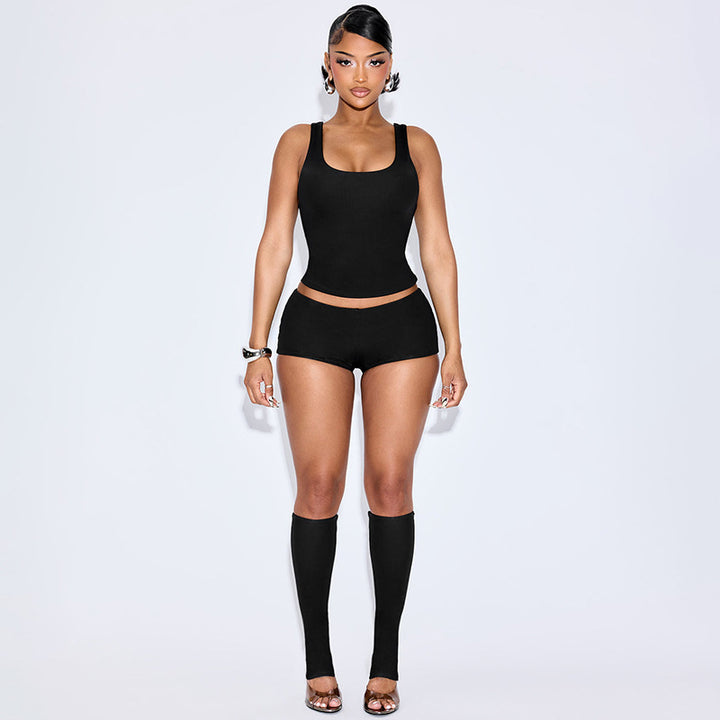 Damen Sportliches Oberteil und Shorts-Set mit transparenten Ärmeln Skovae
