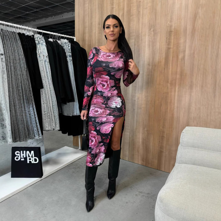 Dame Maxi-kjole med elegant slids og kunstnerisk mønster Stilla