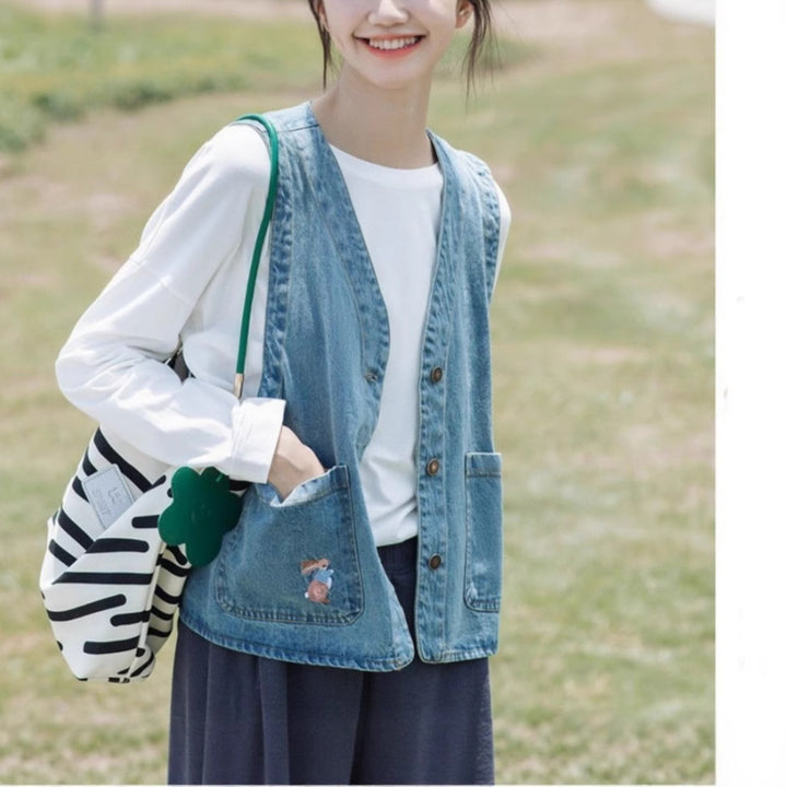 Kvinderne fashionable denim vest med lommer og knapdetaljer Stilla