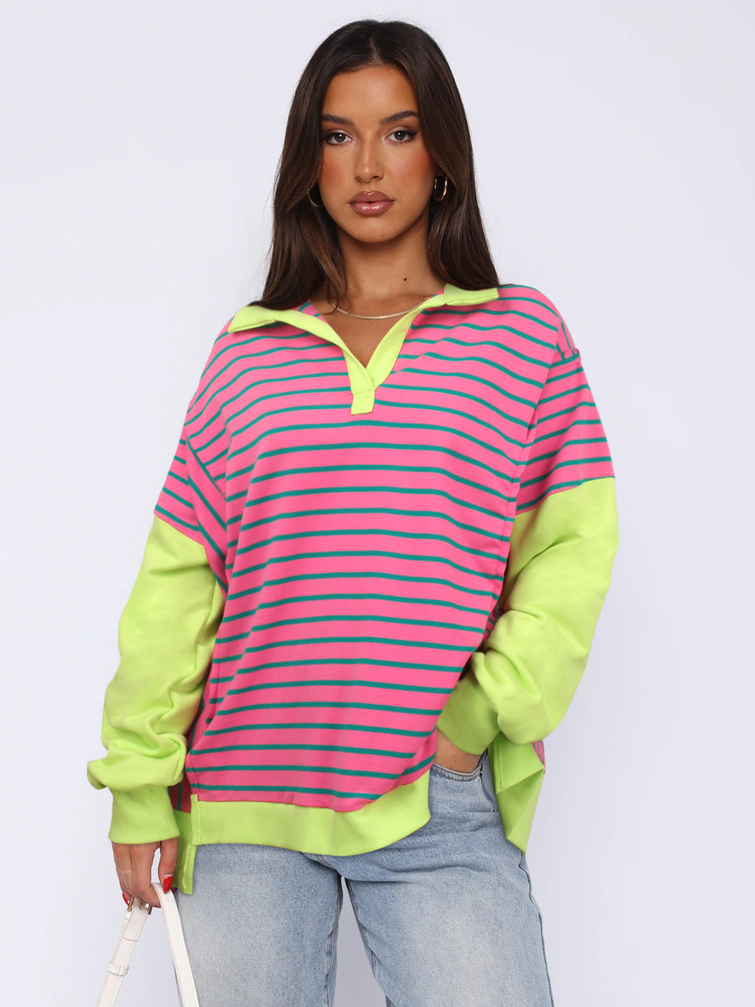 Damer Løs Sweatshirt med brede striber og moderne krave Stilla