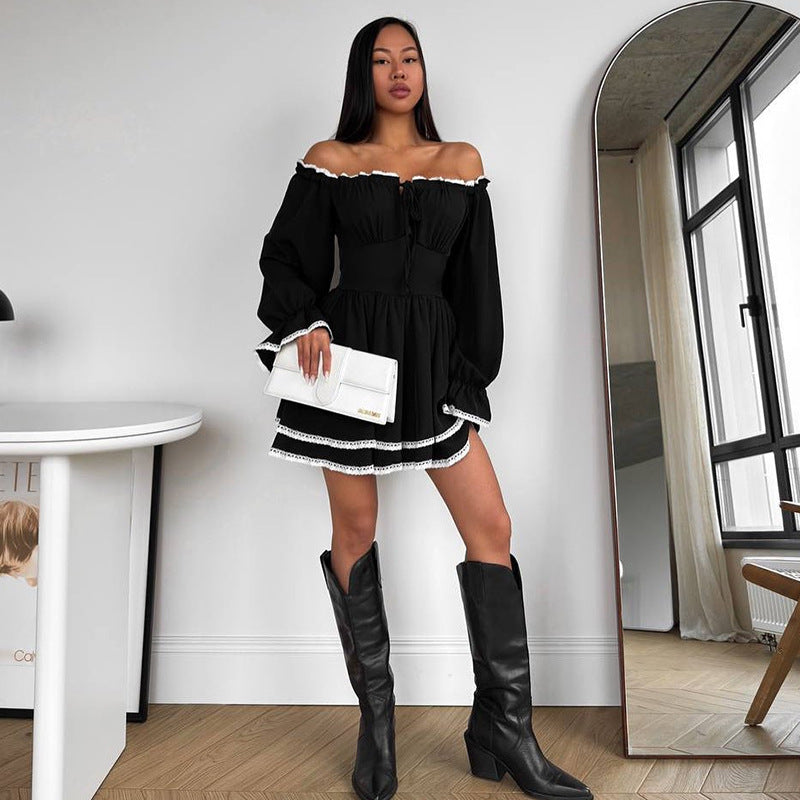Dame Off-Shoulder Minikjole med Volantdetaljer og elegant Kant Stilla