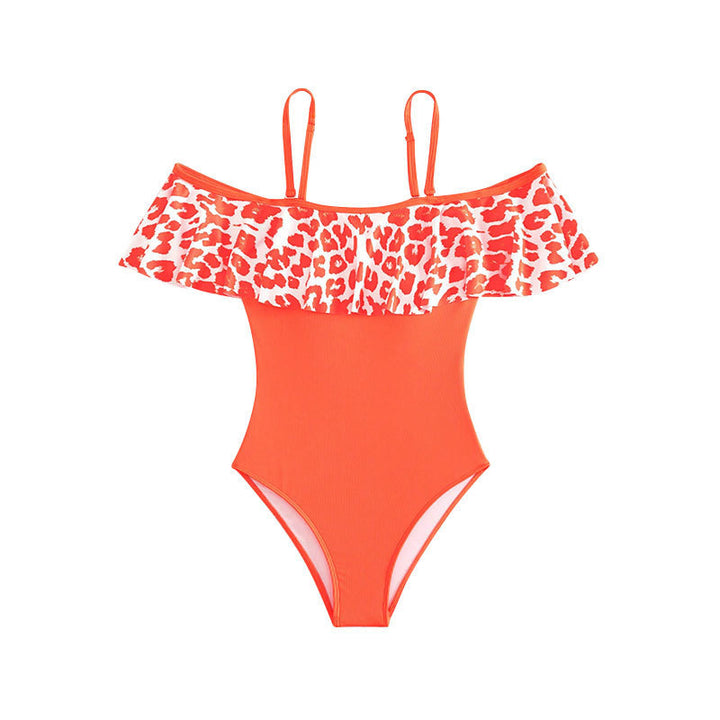 Dame one-piece badeshorts med lyst flæse design og moderigtigt leopard mønster Skovae