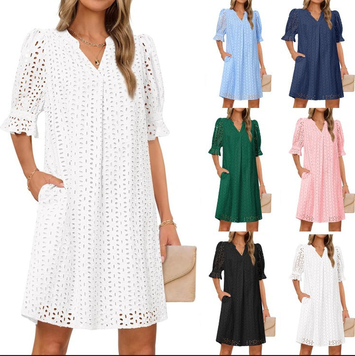 Kvinder Eyelet Midi Kjole med Puffærmer Stilla