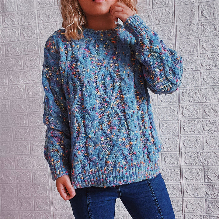 Kvinders chunky strikket sweater med farverigt strikkemønster Stilla