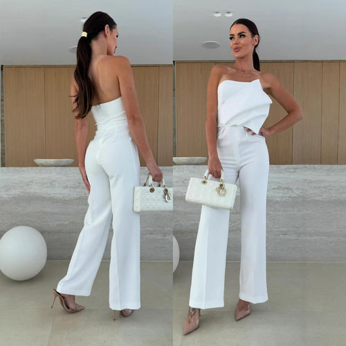 Dame elegant jumpsuit med asymmetrisk overdel og bred ben Stilla