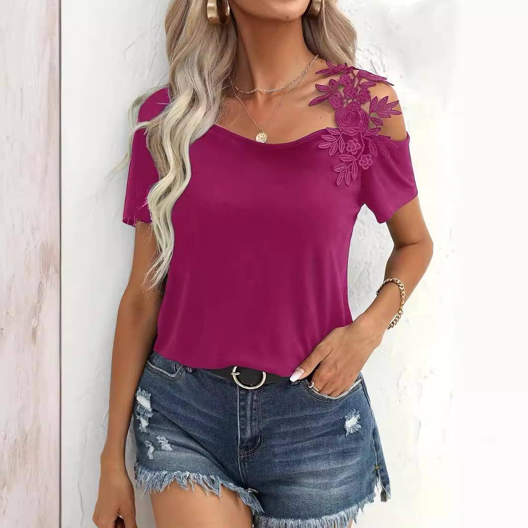 Dame uden skuldertop Jerseyshirt med floral spidsapplikation og løs pasform Skovae