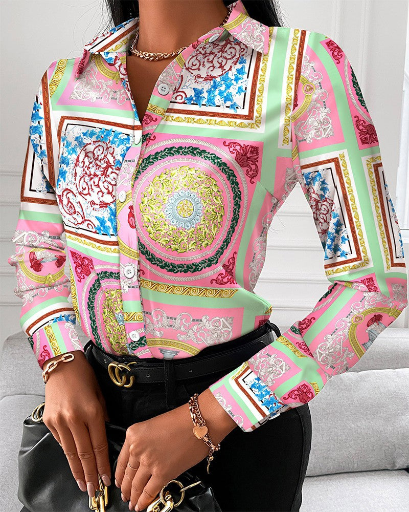 Dame Elegant Bluse med kunstnerisk tryk og fine detaljer Stilla