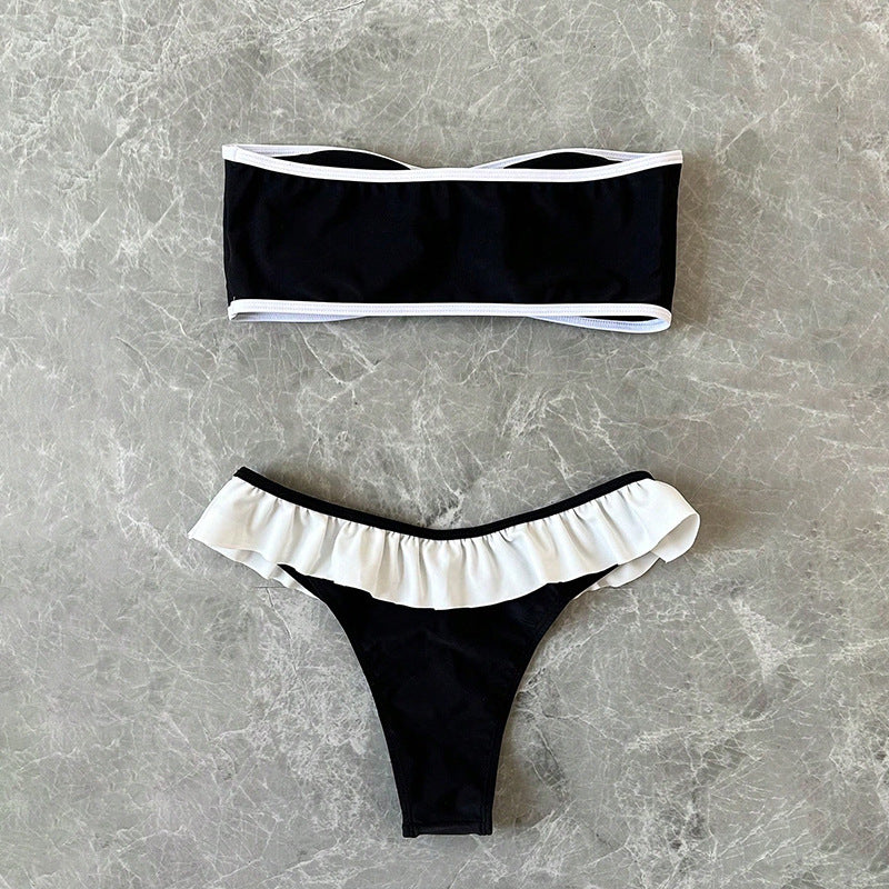 Dame Bandeau-Bikini-sæt med elegante flæser og kontrasterende accenter Stilla