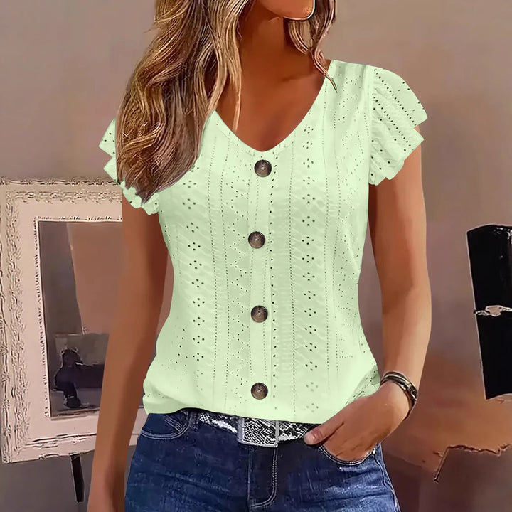 Dame elegant bluse med spisemønster og knapdekoration Skovae