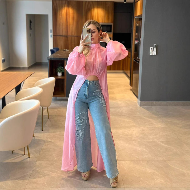 Dame transparent Longbluse med raffinerede pufærmer og elegant snit Stilla