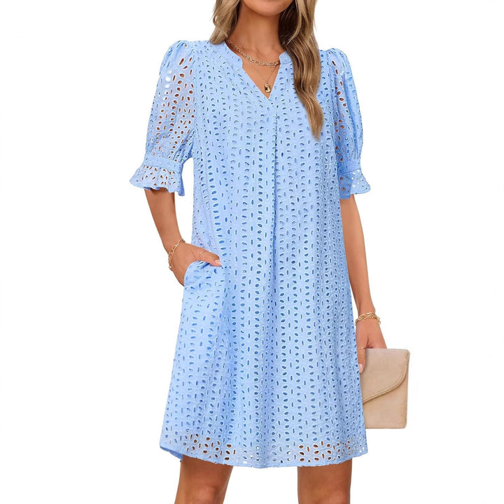 Kvinder Eyelet Midi Kjole med Puffærmer Stilla