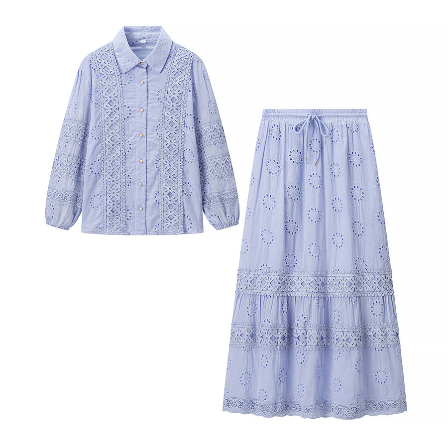 Kvinders sæt af blomster-broderet bluse og maxiskørt Stilla